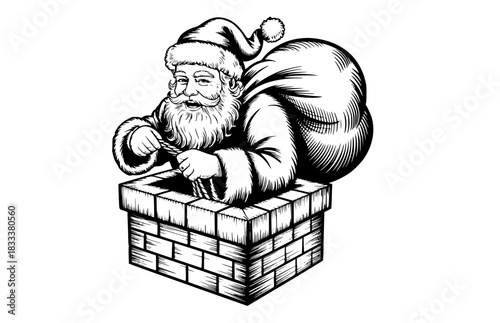 Jolly Santa Claus descending a chimney with a sack full of gifts vintage engraving Christmas holiday illustration