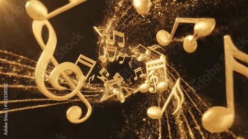 Abstract animation of musical notes in golden light on black background