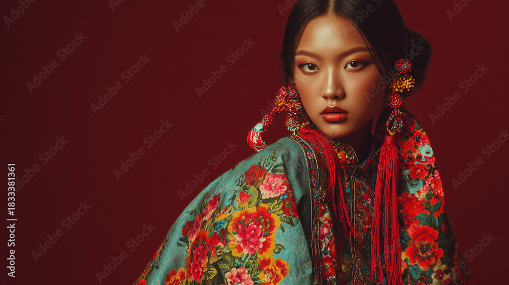 Fototapeta premium Portrait of asian model in blended traditional and modern textiles with warm soft lighting. Close-up portrait of model wearing mixed traditional and modern textiles with rich patterns, identify expres