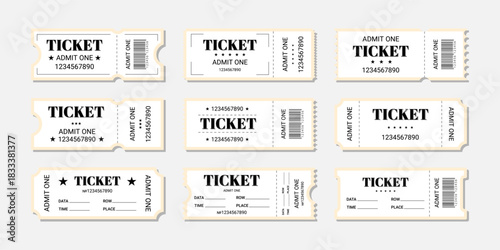 A set of minimalist black-and-white tickets with perforations, numbers, and barcodes. Universal templates for events, promotions, coupons, and invitations.