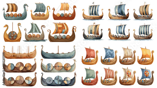 Detailed Viking ship illustrations featuring wooden hulls, shields, and colorful sails in historical styles. Perfect for history themes, mythology art, education, and adventure design.