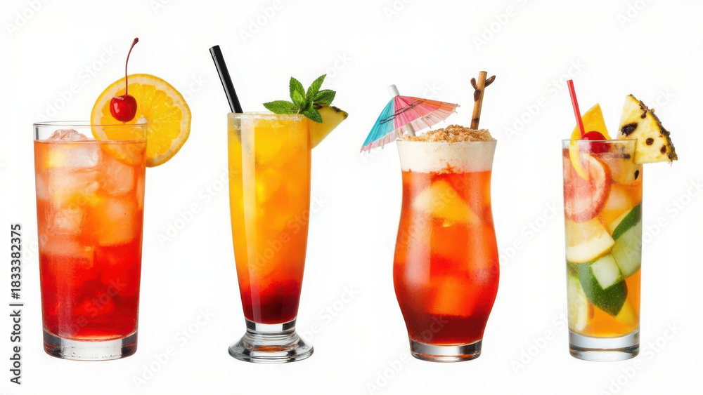 Fototapeta premium Refreshing cocktails with fruit garnishes on a white background