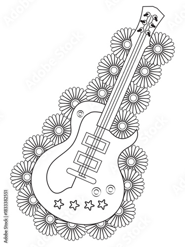 Guitar with flower coloring book  for kids
