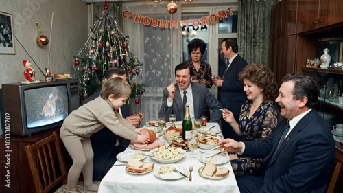 Joyful Soviet New Year party with friends eating and watching retro TV