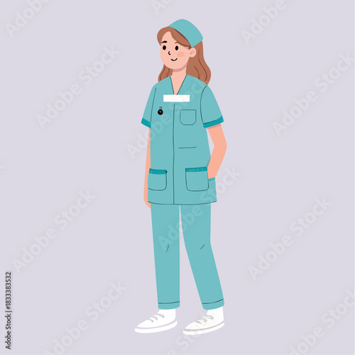 Una mujer joven con uniforme médico y gorro sanitario está de pie con expresión amable, lista para trabajar en un entorno clínico.
