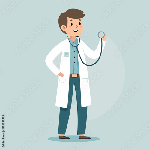 Un niño vestido de médico sostiene un estetoscopio con una expresión alegre.
