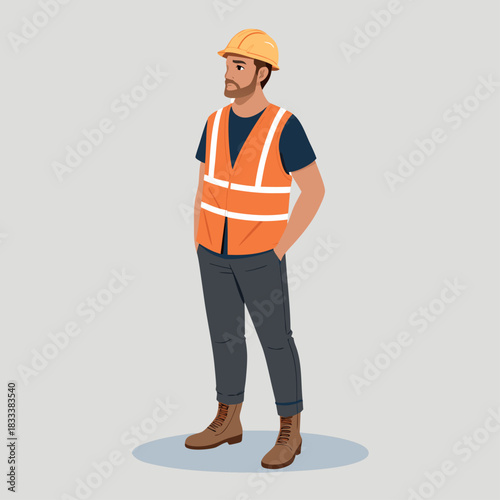 Un obrero con casco amarillo y chaleco reflectante se encuentra de pie, listo para trabajar.
