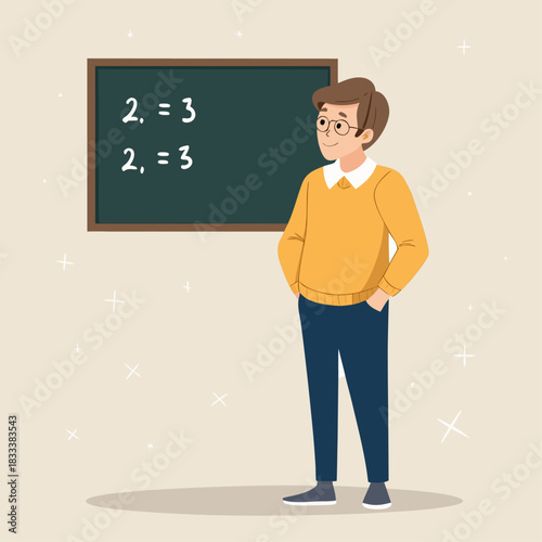 Un profesor está junto a una pizarra con una ecuación matemática escrita, observando a los alumnos.
