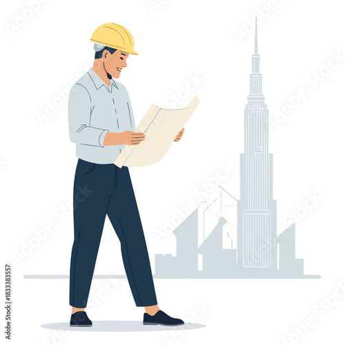 Un arquitecto con casco amarillo observa un plano frente al skyline de una ciudad con rascacielos en construcción.
