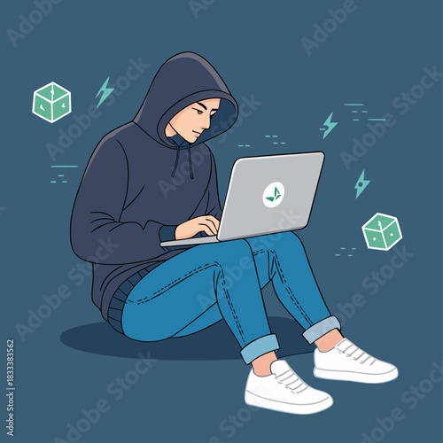 Un joven con capucha y jeans trabaja concentrado en su computadora portátil, rodeado de símbolos digitales y ambiente moderno.
