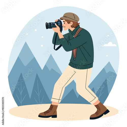 Un fotógrafo masculino toma fotos con una cámara profesional en un entorno montañoso natural, usando botas y ropa cómoda.
