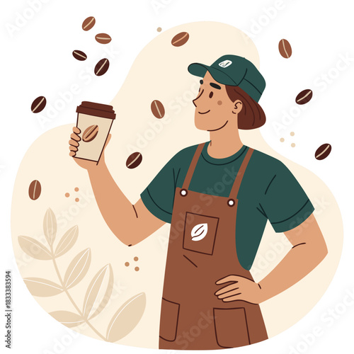 Un barista con delantal y gorra sostiene un vaso de café rodeado de granos flotantes, sonriendo con orgullo.
