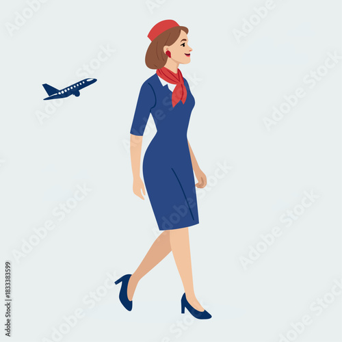 Una azafata con uniforme azul camina con una sonrisa mientras un avión vuela en el fondo.
