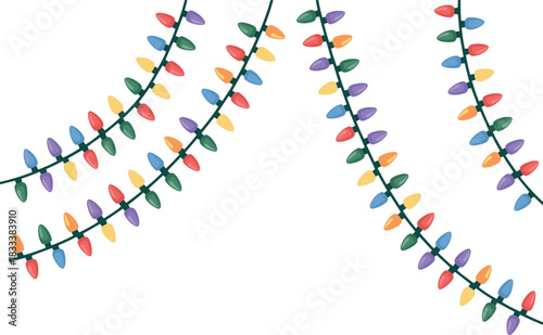 Colorful Christmas lights strings on white background