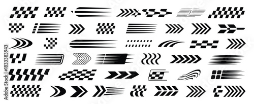racing cars and stripe vector set with checkered flags, finish line graphics, dynamic speed lines, and motocross labels, ideal for automotive design, motorsport branding, and performance car 