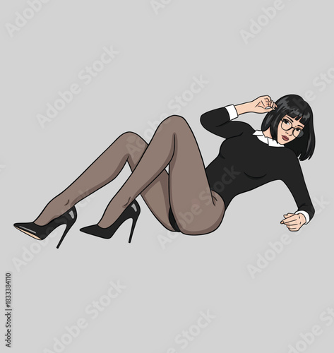 Sexy woman with bob hair and glasses lying on floor wearing black bodysuit and pantyhose, office siren style vector illustration