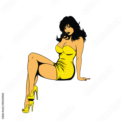 Sexy pin-up woman sitting with crossed legs wearing a tight yellow strapless mini dress and high heels, glamour vector illustration