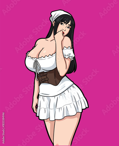Curvy woman in milkmaid costume with corset and headscarf posing shyly, fantasy character vector illustration
