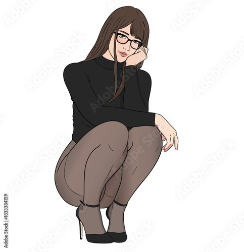 Stylish woman with glasses squatting wearing black turtleneck and sheer pantyhose, modern fashion vector illustration