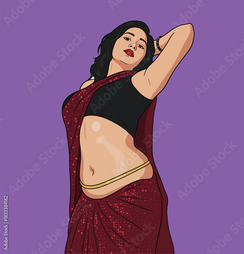 Beautiful Indian woman posing sensually in a maroon sequin saree with a black blouse and gold waist chain, vector illustration