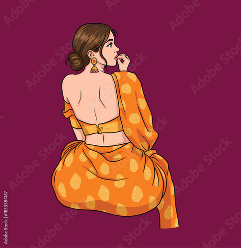 Rear view of Indian woman wearing orange saree and backless blouse with hair bun, traditional fashion vector illustration