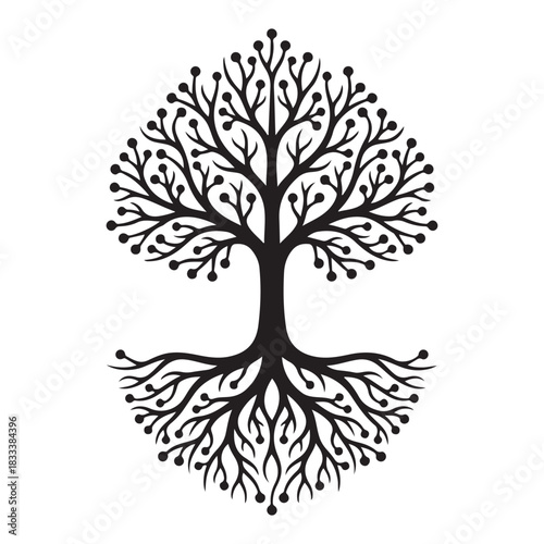 Tree silhouette with roots vector illustration