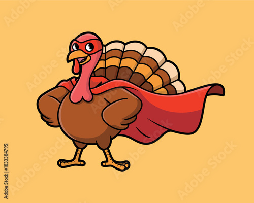 Cartoon Turkey Superhero with a Cape and Mask Thanksgiving Illustration