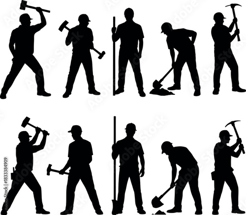 Construction worker silhouette poses different work activities vector illustration