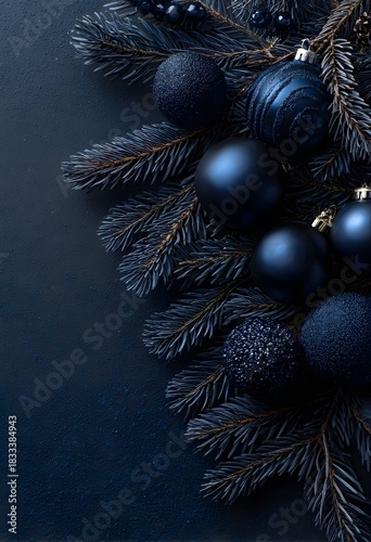 Elegant Dark Blue Christmas Background with Red Ornaments, Fir Branches, and Copy Space