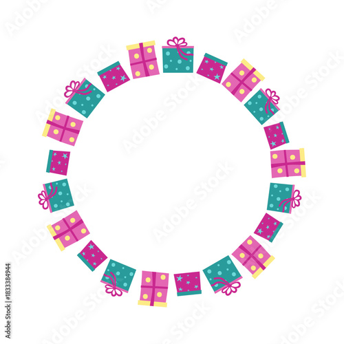 Gift box banner. Round frame, border with space for text. Set of bright, hand-drawn icons. Collection of assorted gifts. Festive decor, ribbons, and bows. New Year, Christmas, and birthday.