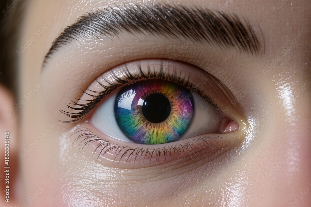 Fototapeta premium Close-up view of a colorful robotic eye showcasing details of technology and design with bright patterns