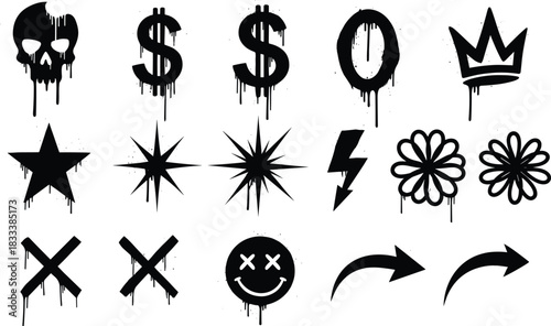 Graffiti and Street Art Style Vector Icon Set, Featuring Dripping Paint, Skull, Dollar Sign, Crown, Star, Lightning, and Flower Graphics for Edgy Urban Design