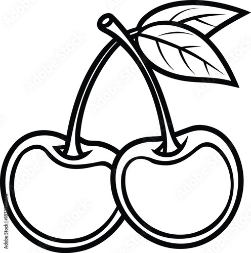 Cherry fruits black and white outline vector drawing with stem and leaves Vector