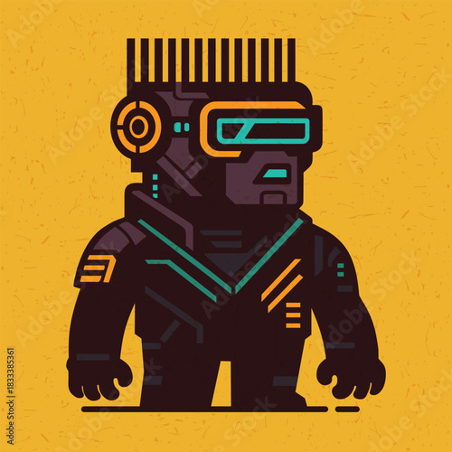 Flat cyberpunk character with neon details, visor goggles, and futuristic armor on a textured orange background.