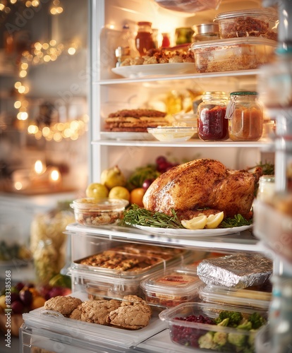 Open modern refrigerator completely overfilled with holiday foods