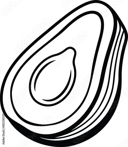Avocado half with pit, black and white line art illustration Vector