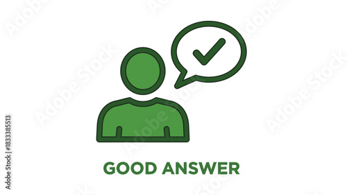 Green icon depicting a person with a checkmark in a speech bubble positive feedback
