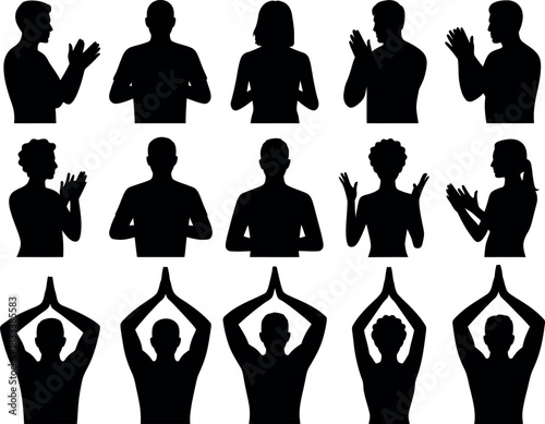 Diverse Group of People Silhouettes Posing with Various Hand Gestures