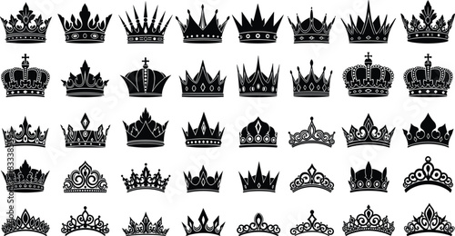 Royal Crown and King Queen Tiara Silhouette Vector Collection, Featuring Imperial Monarchy Symbols, Luxurious Royalty Headwear, and Various Majestic Ornamental Graphics