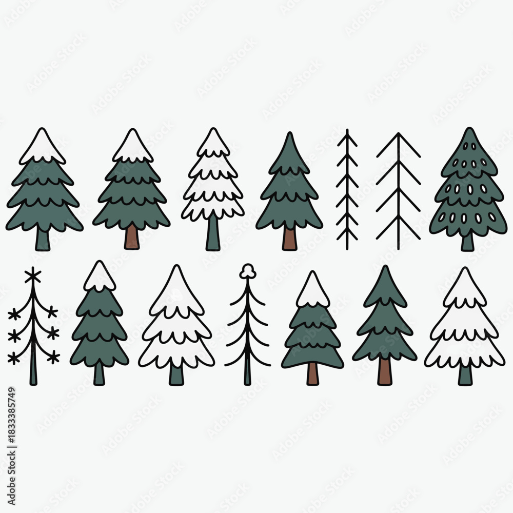 Fototapeta premium Assortment of Hand Drawn Christmas Trees and Pine Branches in Outline Style pine tree fir tree