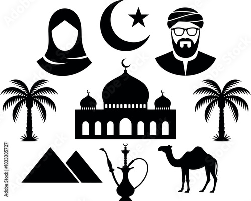 Middle Eastern cultural symbols featuring mosque pyramids camel hookah and people