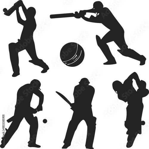 Cricket Sports Player Silhouette Vector Set, Featuring Batsmen, Bowlers, Wickets, and Ball in Action Poses for International Match and Tournament Graphics