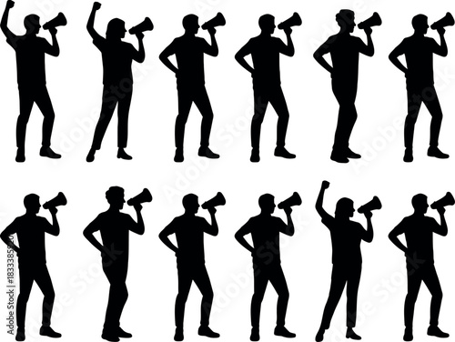 Silhouette People Shouting Into Megaphone Vector Illustration on White Background