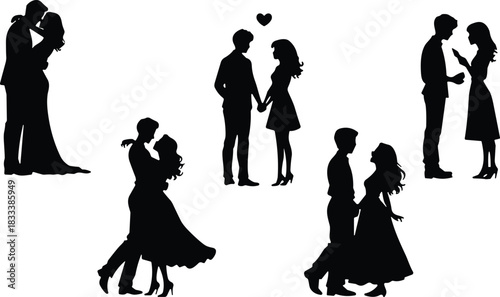 Affectionate Couple and Romantic Relationship Silhouette Vector Set, Featuring People Dancing, Kissing, Dating, and Falling in Love Graphics for Valentine's Day