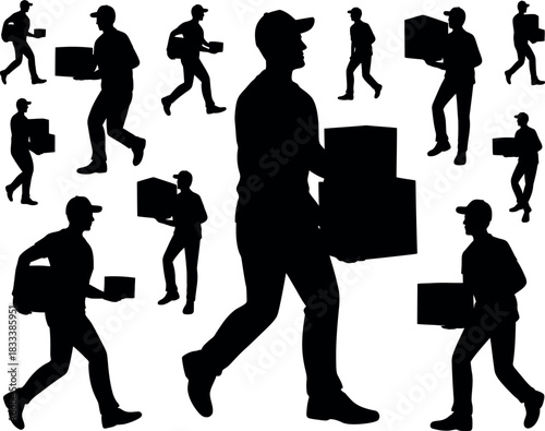 Silhouetted delivery people carrying boxes providing transport and cargo services