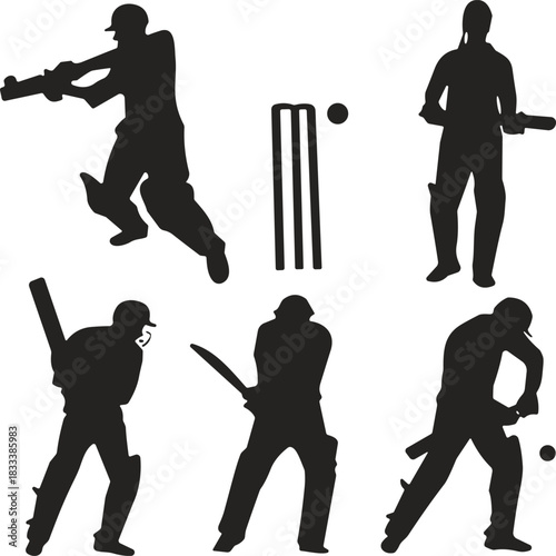 ricket Players Silhouette Vector Set, Featuring Batsmen in Action, Batting Stances, Wickets, and Cricket Ball Graphics for Sports Tournament Design