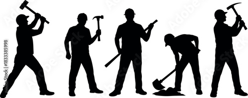 Silhouettes of Construction Workers Doing Various Jobs with Tools