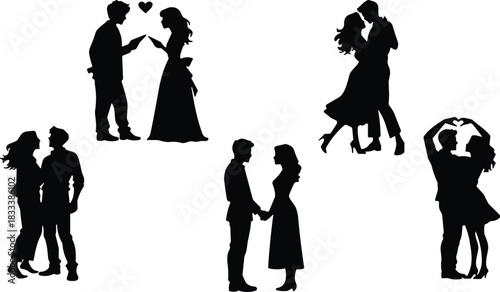 Romantic Couple Silhouette Vector Set, Featuring People in Love, Hugging, Kissing, Holding Hands, and Dating Relationship Graphics for Valentine's Day