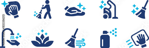Home Cleaning, Hygiene, and Sanitation Icon Set, Featuring Washing, Sweeping, Vacuuming, Disinfecting Spray, and Sparkling Clean Service Vector Graphics