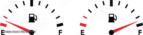 Car Fuel Gauge Dashboard Meters, Showing Empty and Full Tank Levels, Gasoline Measurement, and Vehicle Energy Consumption Indicator Vector Set